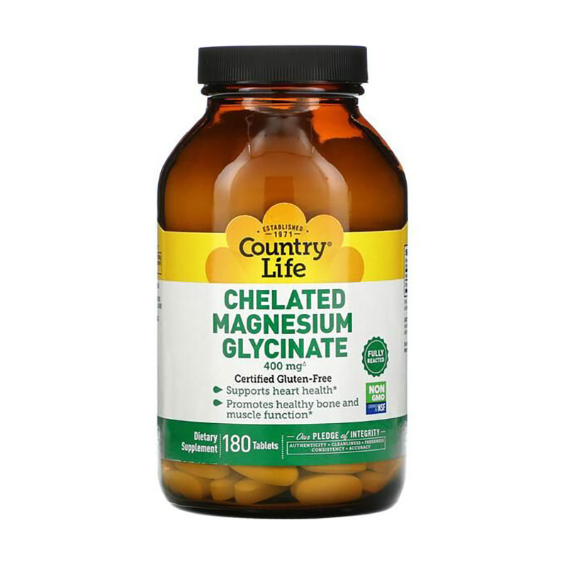 Хелатний гліцинат магнію Country Life Chelated Magnesium Glycinate, 400 мг, 180 таблеток